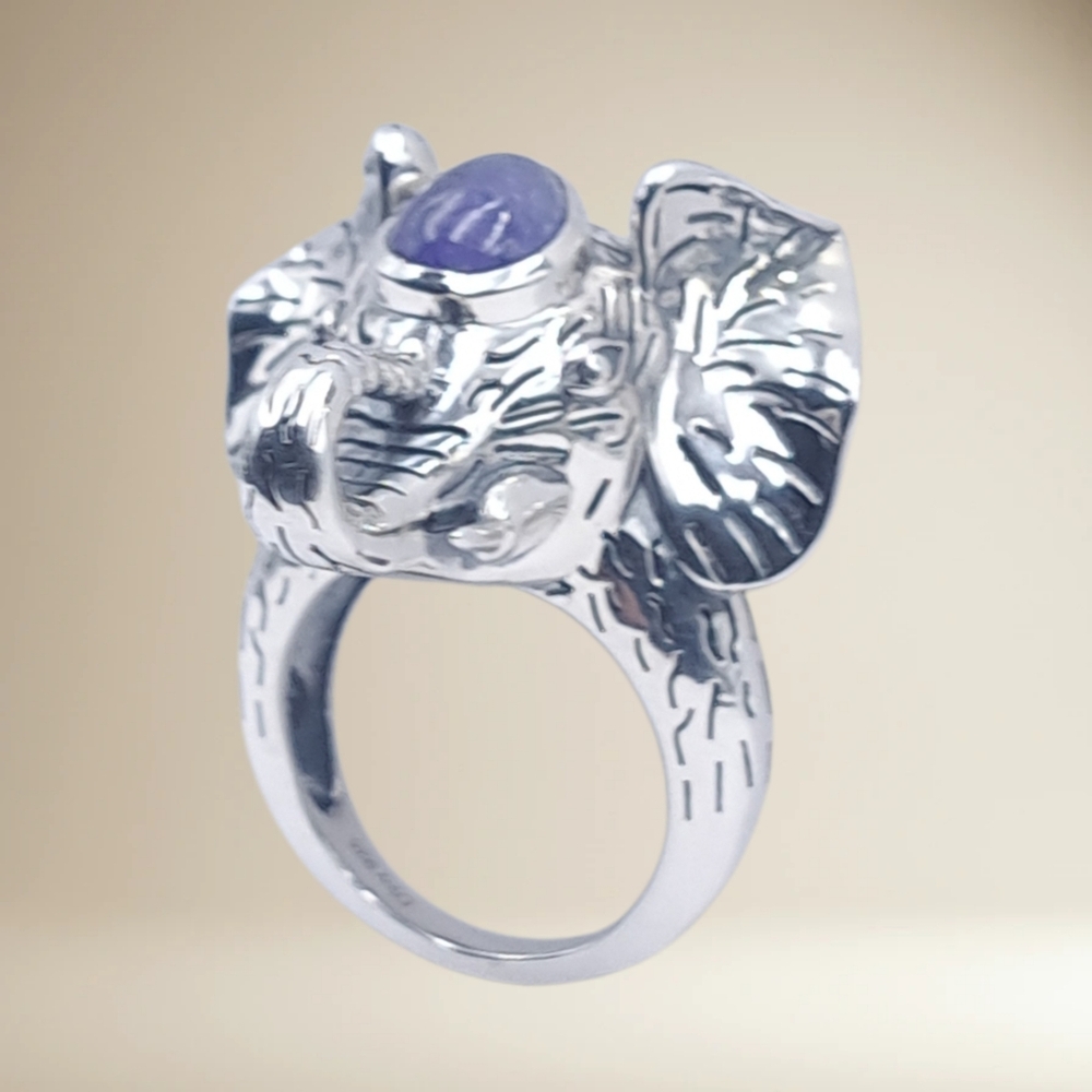 D’Joy Sterling Silver Elephant Ring w/ Natural Tanzanite. Artisan Statement Sz 7